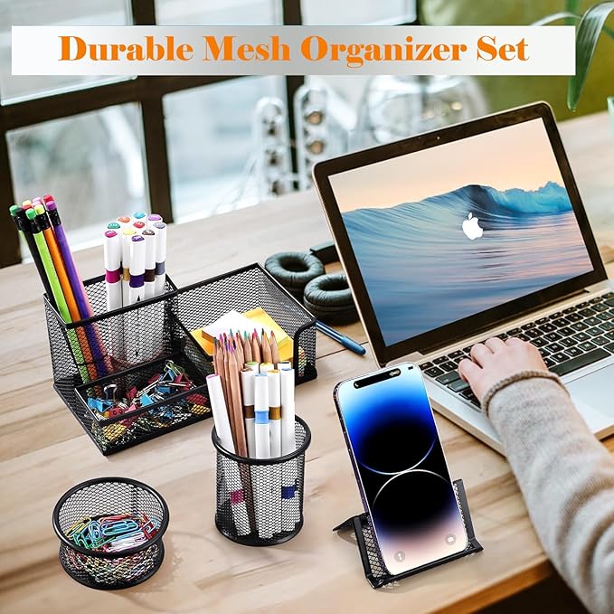 Desk Organizers and Accessories Set, Mesh Pen Holder,Office School Home Desktop Supplies for Clip Phone Sticky Notes,Mail, Caddy Storage Baskets(Black,5 Piece Set)