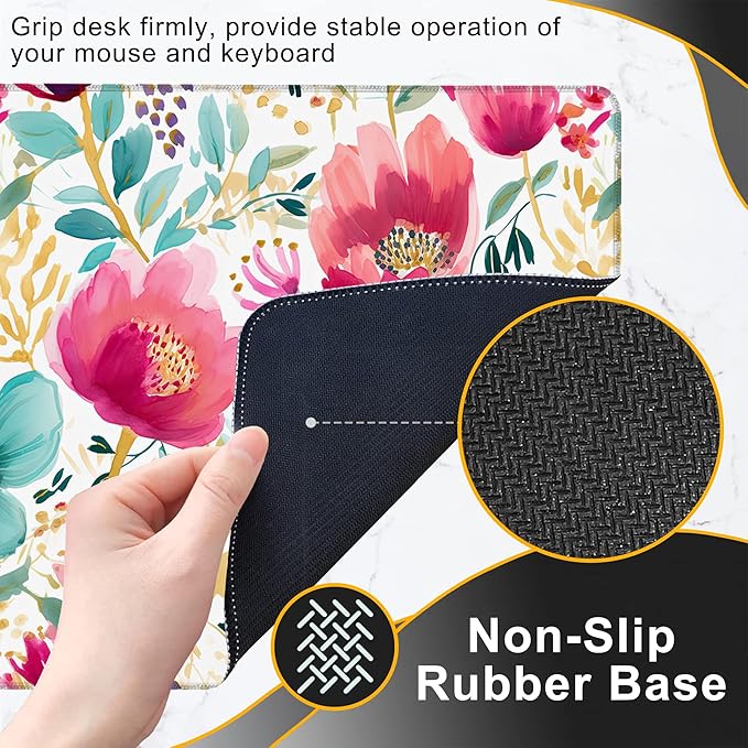 Gaming Mouse Pad, Watercolor Pink and Teal Flowers Floral Large Desk Mat for Keyboard and Mouse,Non-Slip Rubber Base and Stitched Edges Desk Pad for Home Office 35.4x15.7in