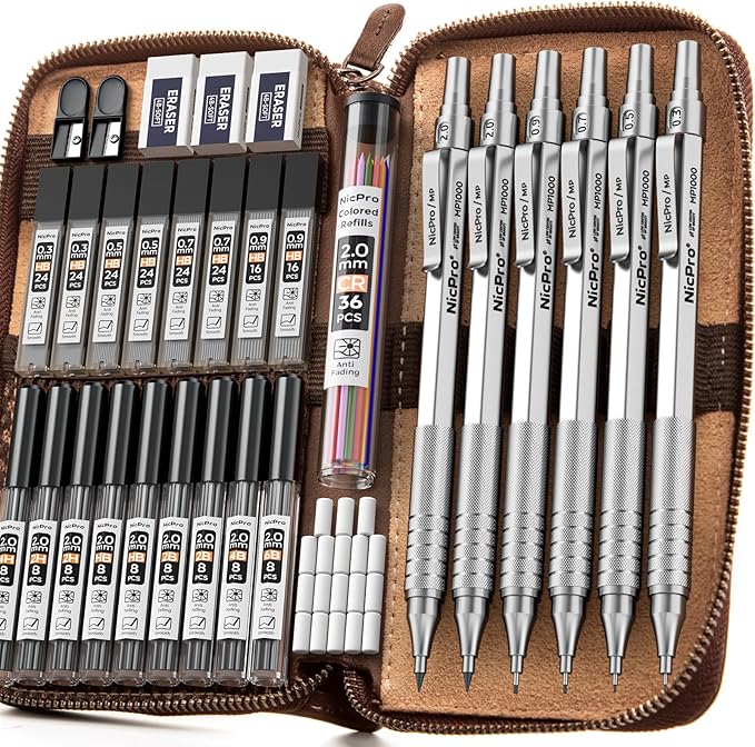 Nicpro 33PCS Metal Mechanical Pencil Set in Leather Case, Art Drafting Pencil 0.3, 0.5, 0.7, 0.9 mm, 2mm Lead Pencil Holders for Sketching Drawing With 18 Tube (6B 4B 2B HB 2H 4H Colors) Lead Refills