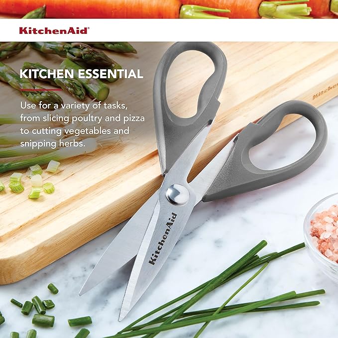 KitchenAid All Purpose Kitchen Shears with Protective Sheath Durable Stainless Steel Scissors, Dishwasher Safe, Soft Grip Comfort Handle, 8.72 Inch, Gray