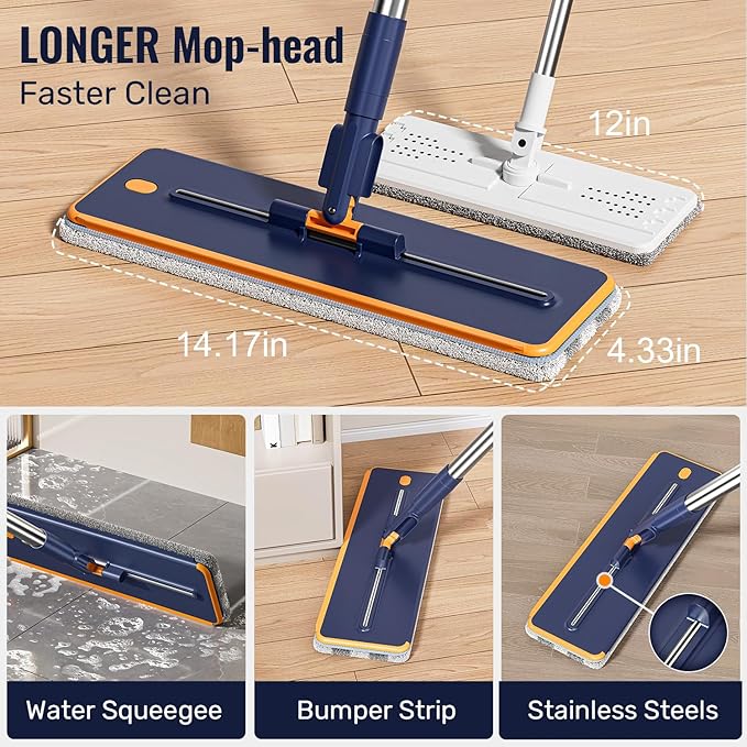 HoMettler Mop and Bucket Set with Wringer, 3-Tank Flat Mop and Bucket System, Wall Mop Cleaner with Long Handle, Hands Free Mops for Floor Cleaning with 8 Microfiber Pads