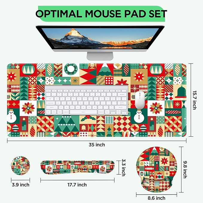 AIMSA Keyboard Mouse Pad Wrist Rest Set, Large Gaming Mouse Desk Pad with Wrist Support Ergonomic Design, 4 in 1 Mousepad for Home Office, Snowman Bell Christmas