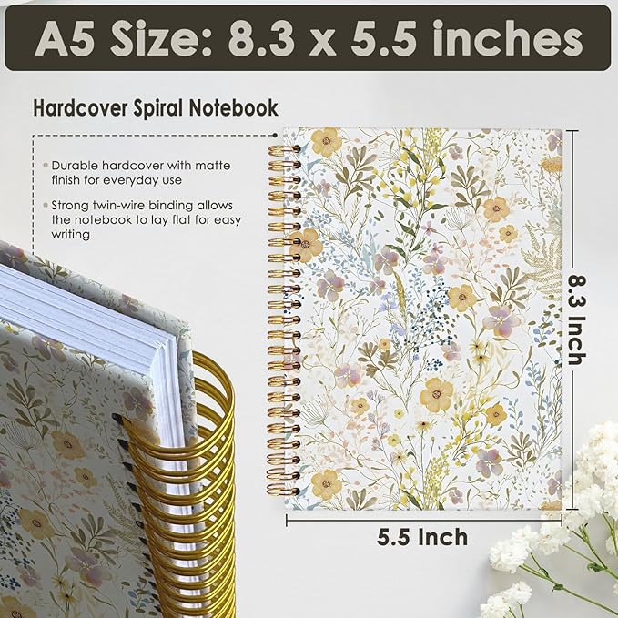 Wheatwin Floral Notebook Journal, Wildflower Cute Hardcover Spiral Notebook for Work Note Taking Women Writing School Teen Girls 5.5x8.3