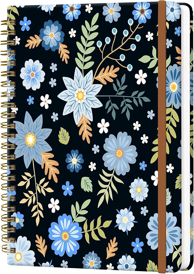 Spiral Journal Notebook for Women, Hardcover A5 College Ruled Notebook, 120 Pages, Thick Paper, Cute Lined Journal for School, Office & Work, 6 x 8.4 in(Blue Garden Flower)