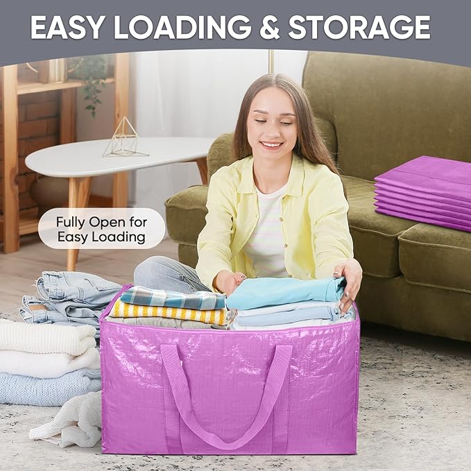 TICONN 6 Pack Extra Large Moving Bags with Zippers & Carrying Handles, Heavy-Duty Storage Tote Moving Boxes for Space Saving (6 Pack, Pink)
