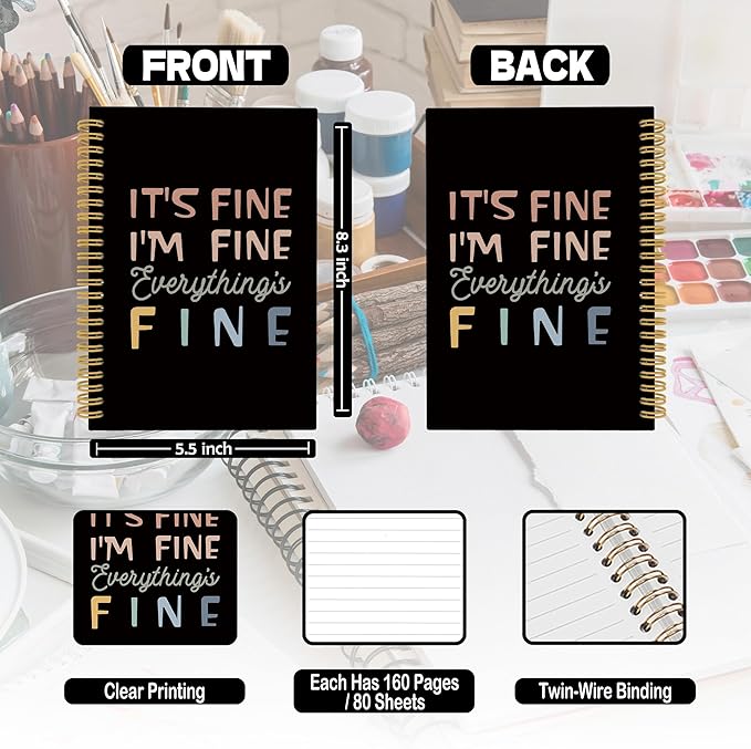 XPH Funny Black Spiral Notebook, It's Fine I'm Everything Is Fine Journaling Notebooks for Women Men, Humorous Hardcover Journals for Office 160 Pages 5.5 x 8.3 Inch, Sarcastic Gifts for Coworkers