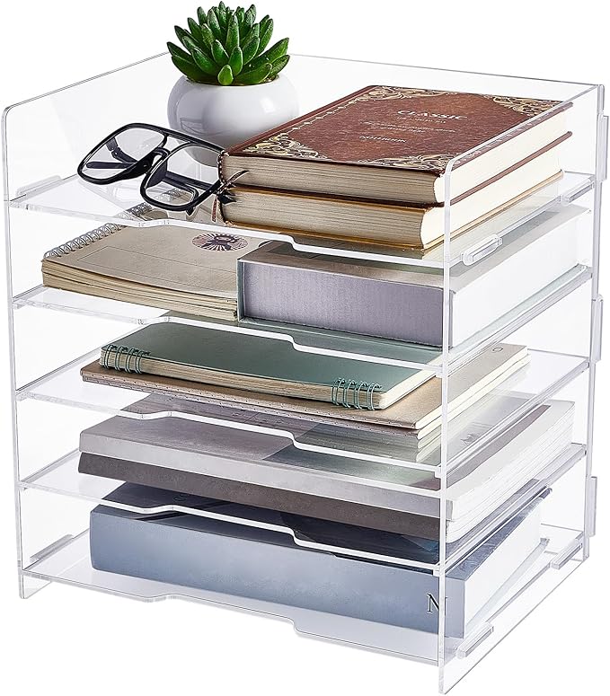 5 Tiers Acrylic Paper Organizers Office Desk Organizers and Accessories Paper Organizer for Desk Clear Office Organization and Storage for School Desktop Organization(1 Pcs,13.58 x 12.6 x 9.45 Inch)