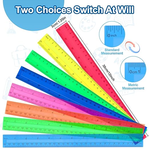 12 Inch Plastic Rulers, 32 Pack Assorted Colors Transparent Ruler Bulk, Metric Rulers with Inches and Centimeters, Straight Ruler Measuring Tool for Student Office Home Back to School Supplies