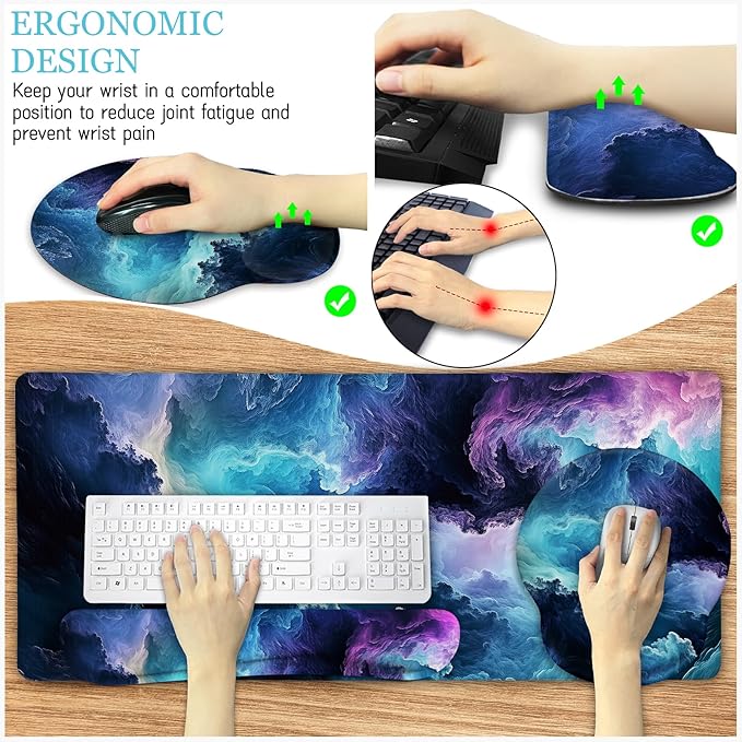 Galaxy Mouse Pad Set Large Desk Matt for Desktop, Ergonomic Mouse Pad with Wrist Rest, Gaming Mousepad Wrist Support Keyboard Mat Cup Coaster Set Cute Office Desk Decor Accessories