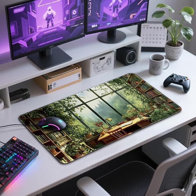 Green Library Study Room Large Gaming Mouse Pad 31.5"x15.7"｜XXL Desk Mat, Non-Slip Rubber Base & Stitched Edges - Extended Waterproof Mousepad for PC/Laptop/Office/Home Decor