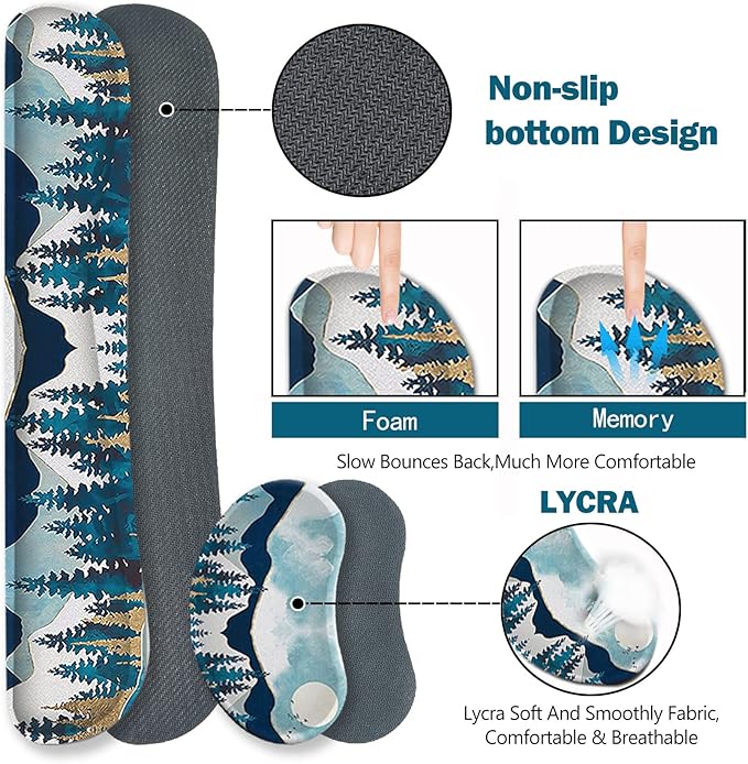 ARTSO Large Gaming Mouse Pad Set, Keyboard Wrist Rest Support + Mouse Wrist Cushion + Extended Mousepad + Coaster, 35x15.5in Multifunctional Desk Mat, Abstract Mountain