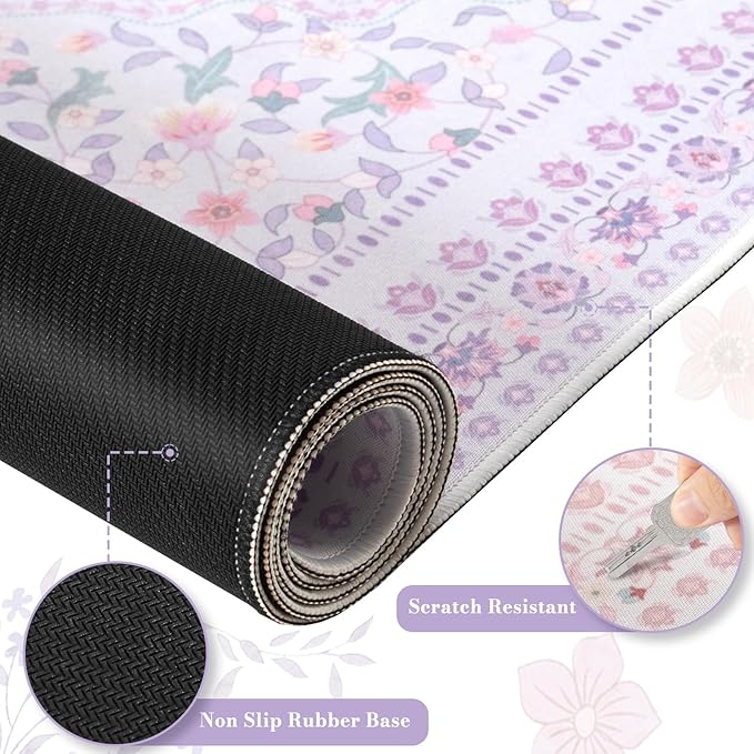 HAOCOO Elegant Floral Desk Mat, Cute Purple Mousepad Home Decor, 35.4" x 15.7" Large Keyboard Pad, Aesthetic Flower Desktop Mat Office Accessories, Waterproof Teacher Desk Pad Mat for Work, Study