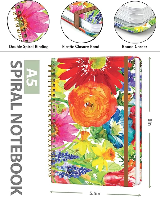 Spiral Journal Notebook for Women, Hardcover A5 College Ruled Notebook, 120 Pages, Thick Paper, Cute Lined Journal for School, Office & Work, 6 x 8.4 in(Colorful Wildflower Flower)