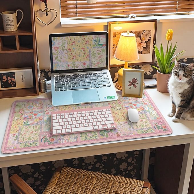 HAOCOO Cute Pink Desk Matt for Desktop, Floral Mouse Pad with Stitched Edge, Desk Protector Mat with Non-Slip Rubber Base, 35.4” x 15.7" Largr Computer Pad for Women Office