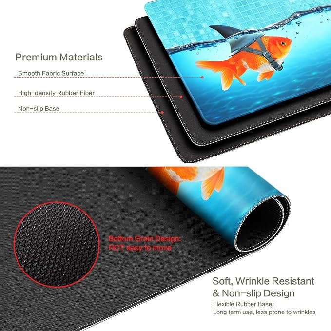 Goldfish as Shark Mouse Pad Desk Mat, Drama Goldfish Large Gaming Mouse Pad Dangerous Sharks Anime Desk Pad Mousepad XXL Extended Keyboard Mat Mouse Mat, Waterproof, 31.5x15.7 in