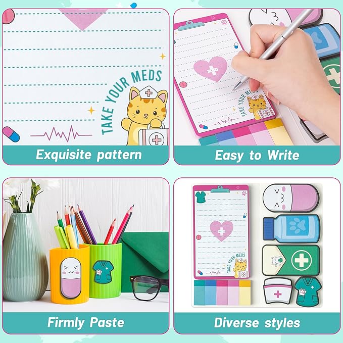B1ykin Sticky Notes Set, Cartoon Theme Cute Self-Stick Notes Pad Teacher Appreciation Gifts， Self-Adhesive Writing Memo Pages Sticky to Do Notepad for Kids Employee School Office (Funny Nurse)