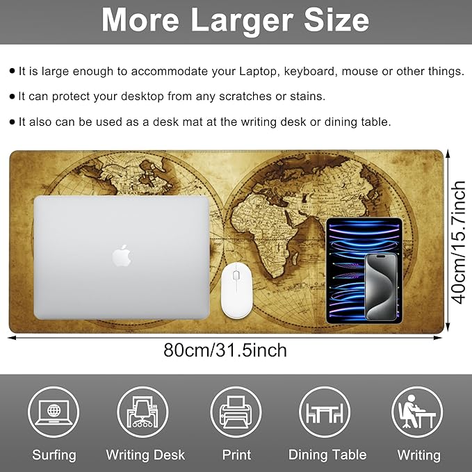Mouse Pad, Large Antique World Map Desk Mat, Extended Non-Slip Gaming Keyboard Mousepad Desk Pad, Thick Stitched Edges Waterproof Mouse Mat 31.5"x15.7" (Retro World Map)