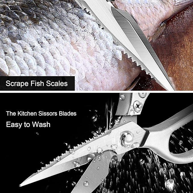 LONJYI Multi Function Kitchen Scissors, Heavy Duty Stainless Steel Shears with Ultra Sharp Blades Left Right Handed Scissors Use for Chicken Meat Seafood Vegetables BBQ Bottle Opener Silver