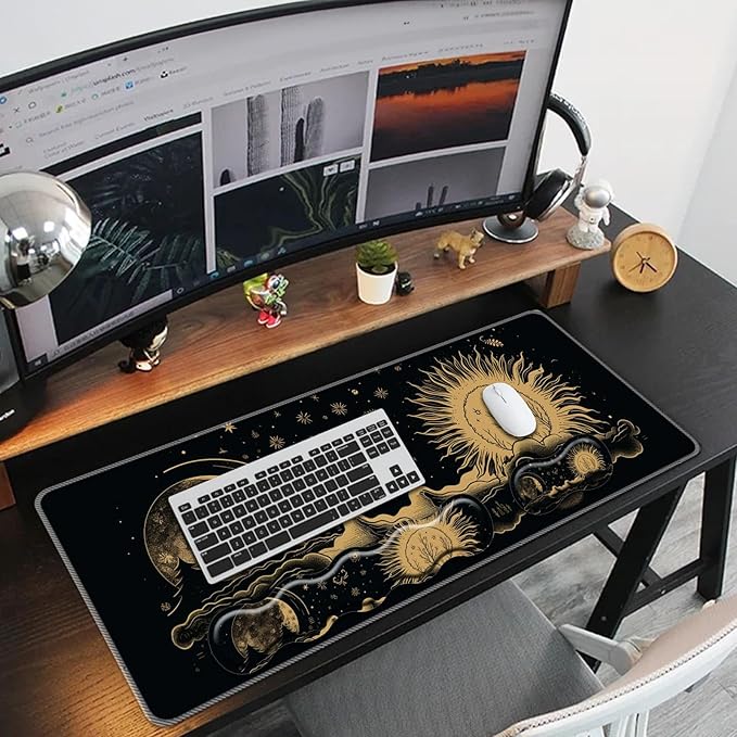 Keyboard Mouse Pad Set,Large Mouse Pad+Keyboard Wrist Rest+Wrist Support+Coaster,31.5x11.8in Extended Desk Mat for Computer Laptop Office Home-Sun and Moon