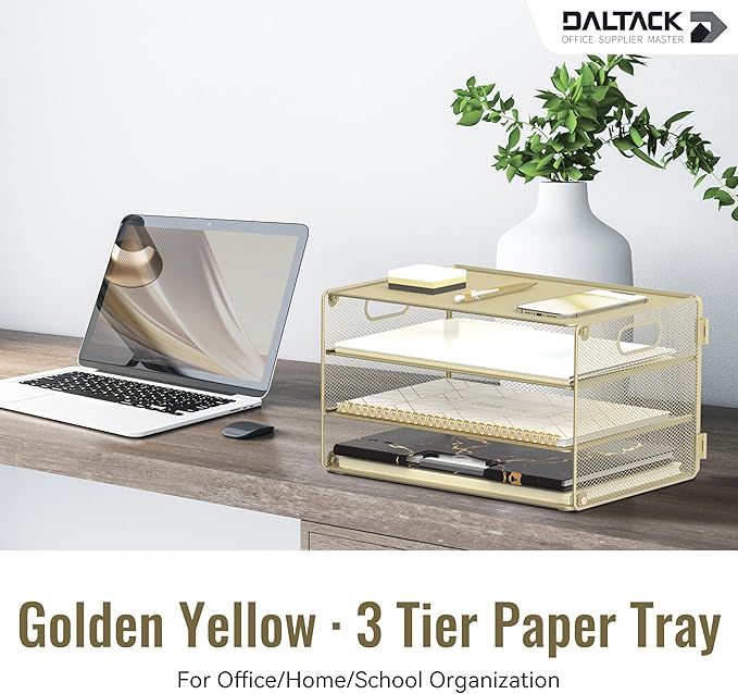 DALTACK 3 Tier Letter Tray Paper Organizer with Handle, Mesh Desk File Organizer, Paper Tray Desk Organizer for School Office Home, Metal Mesh, Golden Yellow