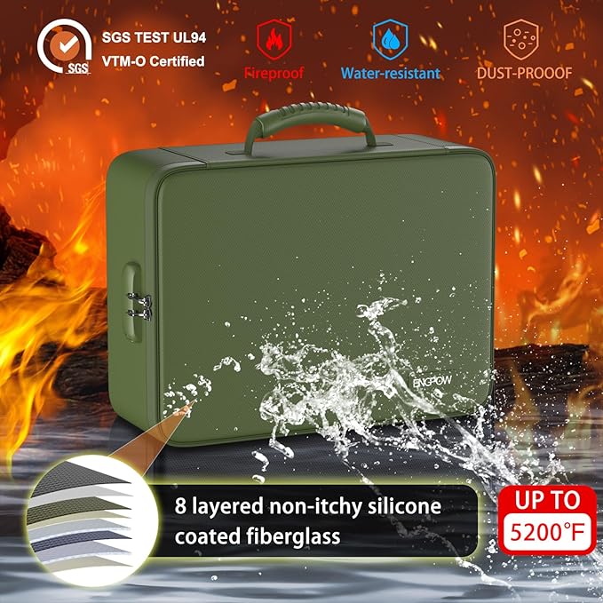 ENGPOW 5200℉ Fireproof File Organizer Bag with 13 Pocket Accordion File Folder,Document Organizer Box with Lock&Labels,Multi-Layer Portable Home Travel Safe Storage for Important Documents,Green