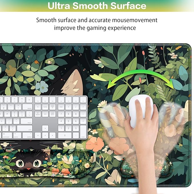 Mouse Pad Anime, Mouse Pad with Wrist Rest, 4-in-1 XXL Large Desk Mat +Mousepad with Gel Wrist Support+Keyboard Wrist Rest+Coaster, Ergonomic Gaming Cat Desk Pad, Funny Cute Office Desk Accessories
