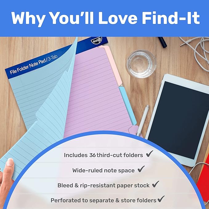 Find It File Folder Notepad - Pack of 36-9.5 x 12.5 Inch Notebook Organizer Folders for Filing, Document, and Clipboard Organization - Pastel