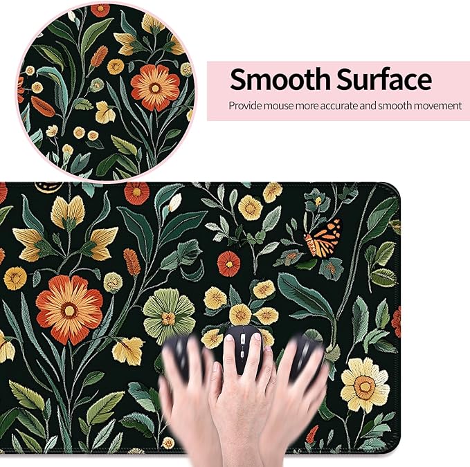 Floral Gaming Desk Mat, Computer Keyboard Large Extended Long Flower Plants Mouse Pad for Office and Home, XL (W19)
