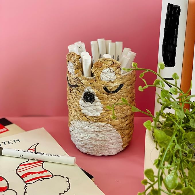 Decorative pen cup for home office desk organizer, round baskets for décor, wooden pencil holder, small makeup brush holder