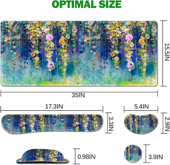 ARTSO Large Gaming Mouse Pad Set, Keyboard Wrist Rest Support + Mouse Wrist Cushion + Extended Mousepad + Coaster, 35x15.5in Multifunctional Desk Mat 4pcs, Oil Painting Flowers