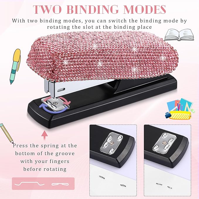 Yexiya Bling Crystal Stapler Gift Sparkly Diamond Stapler for Desk Handmade Clay Rhinestone Machine Pretty Office Stationery Kit Stylish Accessory for Women Lady Christmas(Pink)