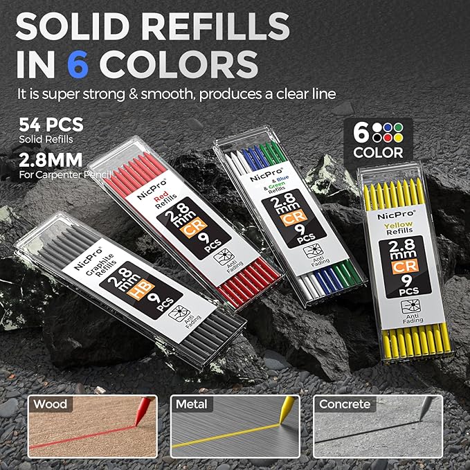 Nicpro 5 Pack CP3000 Carpenter Pencils with Sharpener, Mechanical Pencil Set with 59 Refills, Heavy Duty Working Tools, Construction Pencil for Architect Marking (Red, Black, Orange, Green, Blue)