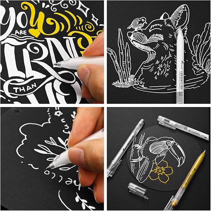 0.8mm Extra Fine Point 3 Colors Gel Pen Set White,Gold and Silver Gel Ink Pens for Artists Drawing on Black Paper, Sketching, Bullet Journaling & Holiday Crafts