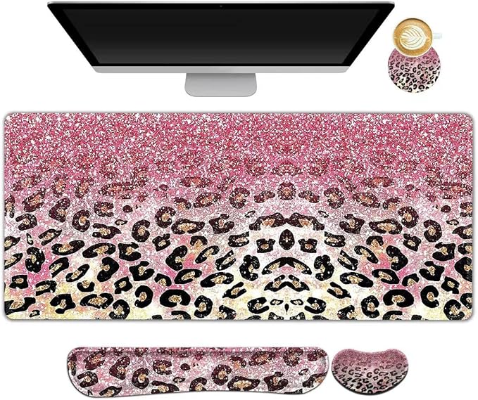 ARTSO Extended Gaming Mouse Pad Set, Keyboard Wrist Rest Support Pad + Wrist Cushion + XXL Large Mouse Pad + Coaster, Stitched Edge, Non-Slip, Memory Foam Desk Mat, Pink Leopard Print