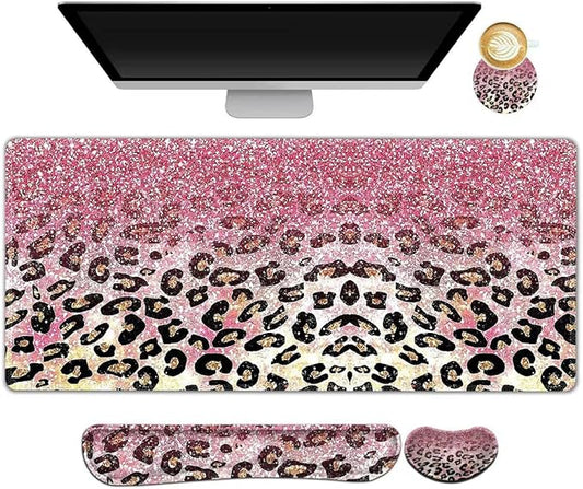 ARTSO Extended Gaming Mouse Pad Set, Keyboard Wrist Rest Support Pad + Wrist Cushion + XXL Large Mouse Pad + Coaster, Stitched Edge, Non-Slip, Memory Foam Desk Mat, Pink Leopard Print