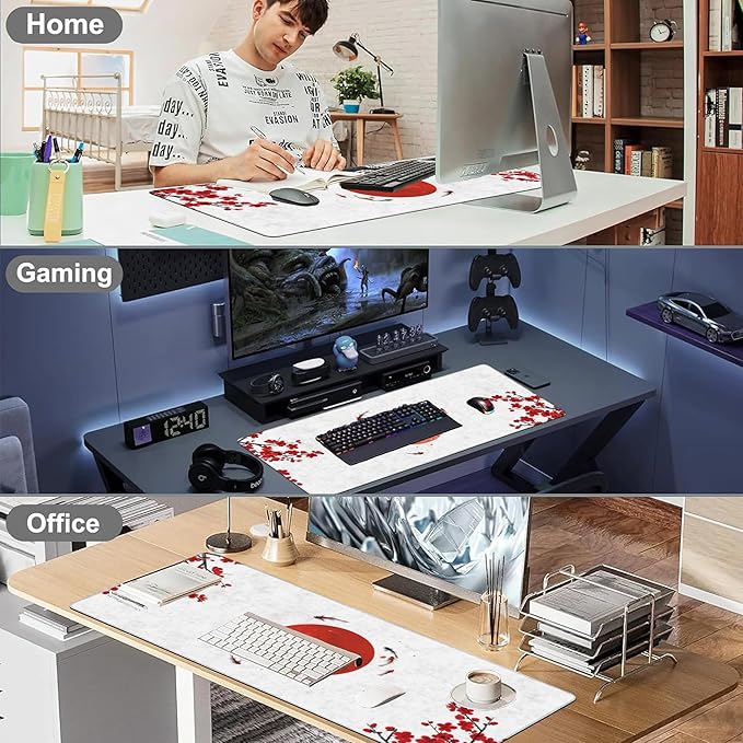 Desk Pad, Cherry Blossom Flowers Koi Carp Fishes and Red Sun Extended Large Gaming Mouse Pad XXL, Large Desk Mat for Desktop with Non-Slip Rubber Base Stitched Edges for Home Office 35.4"X15.7"