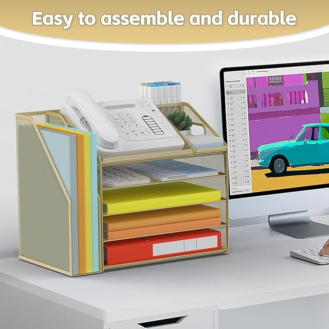 DocNest 5 Tier Paper Letter Tray File Organizer, Mesh Desk File with Handle, Workspace Desk Organizers with Pen Holder, Office Organization Storage Accessories - Gold Yellow