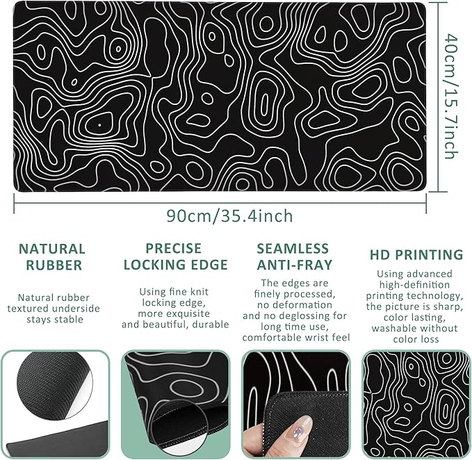 Extended Gaming Mouse Pad Abstract Topographic Fractal Lines Large Mousepad with Stitched Edges,Anti-Slip Rubber Base Keyboard Mouse Mat Desk Pad for Gaming Home Office 35.4 x 15.7 inches