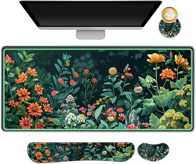Desk Mat for Keyboard and Mouse, 4 in 1 Desk Pad, Ergonomic Mouse Pad Wrist Support, Keyboard Wrist Rest Set, Large Gaming Mouse Pad with Stitched Edges for Home Office, Green Daisy Leaves