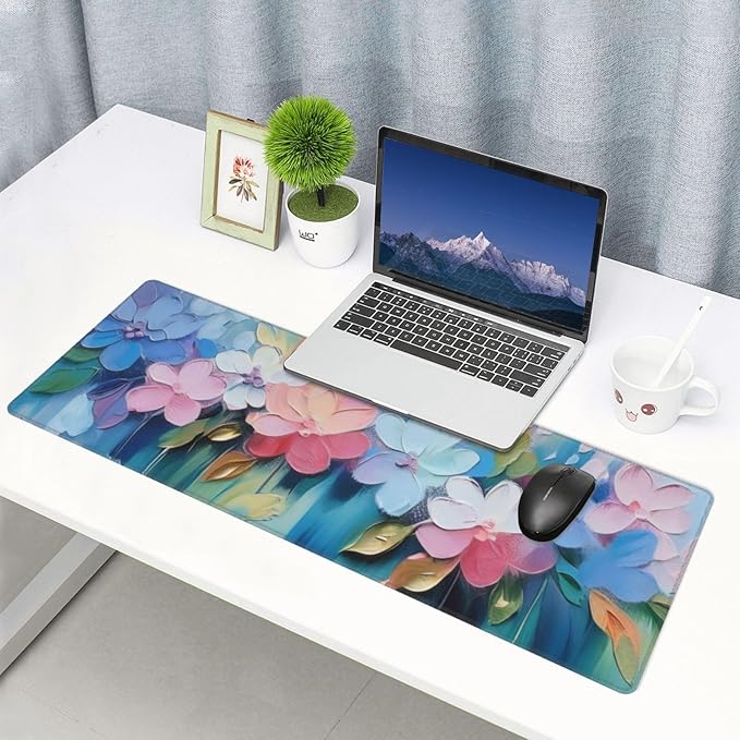 Gaming Mouse Pad, Large Non-Slip Rubber Base Mousepad, Keyboard Mouse Mat, Desk Pad with Stitched Edges, 31.5x11.8inch, Oil Flower