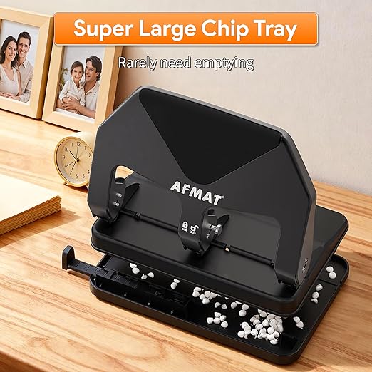 AFMAT HP20 Heavy Duty 3 Hole Punch, 50-Sheet Capacity, 60% Reduced Effort Three Hole Puncher for Binder, 10K+ Uses, Large Chip Tray, Adjustable Paper Guide, Office Metal Paper Puncher 3 Ring, Black