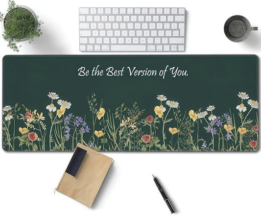 Floral Inspirational Quote Large Mouse Pad, Flowers Gaming Desk Mat, XL Keyboard Desk Pad Mat for Desktop, 31.5"x11.8" Non-Slip Base Big Mousepad with Stitched Edges