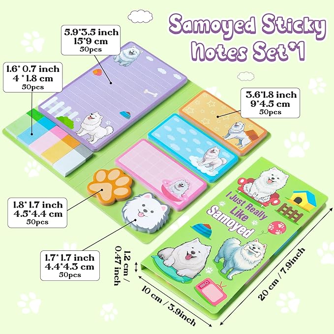 Xqumoi I Just Really Like Samoyed Sticky Notes Set, 550 Sheets, Cute Samoyed Self-Stick Notes Pads Animal Divider Tabs Bundle Writing Memo Pads Page Marker Back to School Office Supplies Small Gift