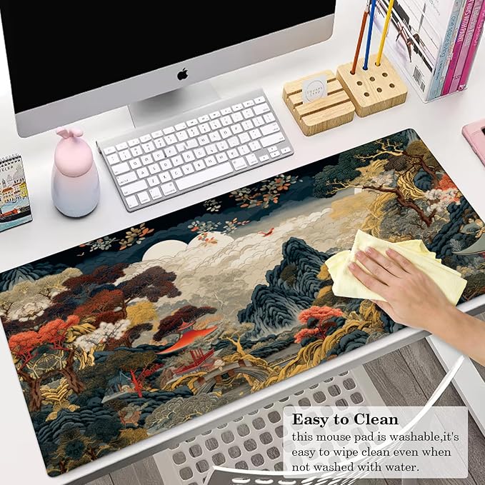 Chinese Style Desk Pad Protector, Stitched Edges Mouse Pad, Large Office Desk Mat, Non-Slip Desk Blotter, Laptop Desk Pad, Desk Writing Pad for Office and Home (31.5" x 15.7")