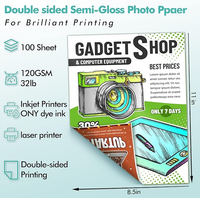 Koala Thin Double Sided Semi-Gloss Photo Paper 8.5X11 Inch 100 Sheets 32LB for Inkjet and Laser Printer for Menu Flyer Print