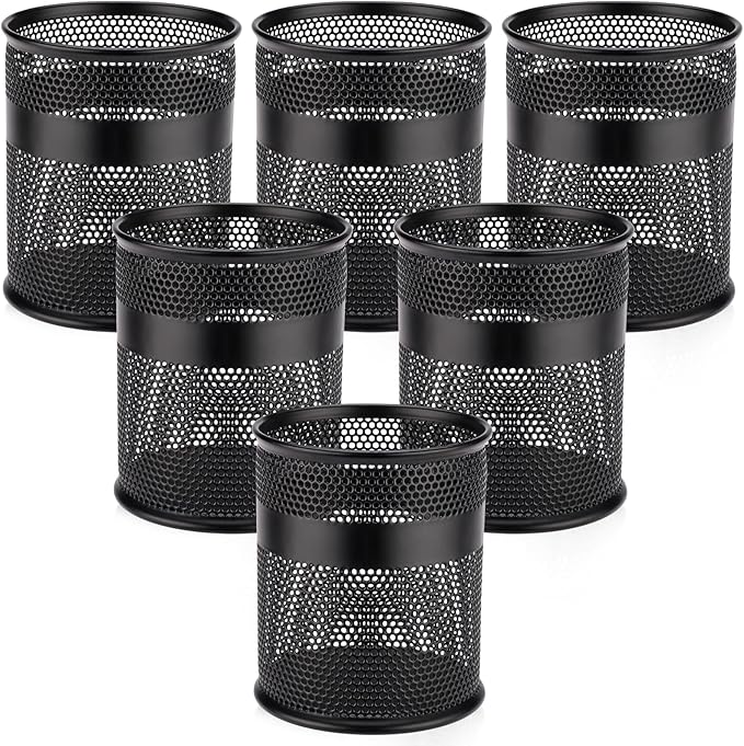 Segarty Pen Cups, 6 Pack Black Steel Mesh Desk Pen Pencil Holder, Round Pen Container Pencil Cups Desk Organizers for Home Office