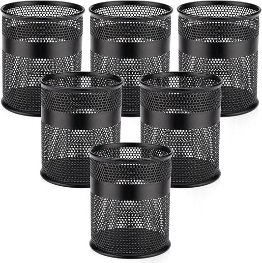 Segarty Pen Cups, 6 Pack Black Steel Mesh Desk Pen Pencil Holder, Round Pen Container Pencil Cups Desk Organizers for Home Office