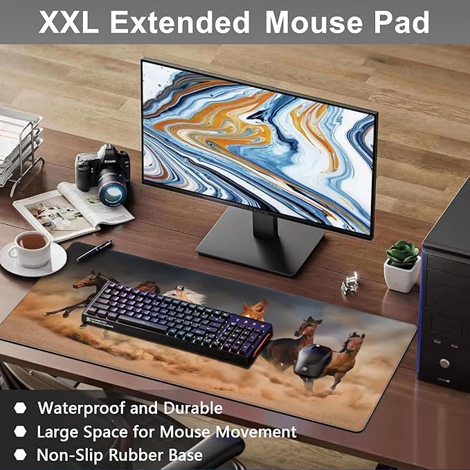 Mouse Pad, Large Running Horse Herd Desk Mat, Extended Non-Slip Gaming Keyboard Mousepad Desk Pad, Thick Stitched Edges Waterproof Mouse Mat 31.5"x15.7" (Horse Herd in Desert Sand Storm)