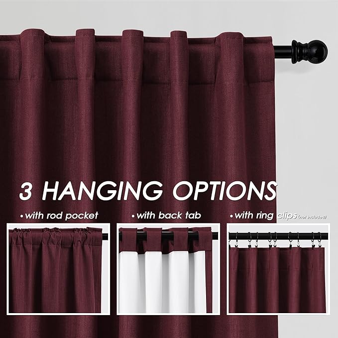Nanspring Burgundy Linen Blackout Curtains 84 Inches Long Back Tab Rod Pocket Cooling Noise Reducing Thermal Insulated 100% Blackout 2 Panels Set for Bedroom Elegant Modern Curtains Drapes 52x84