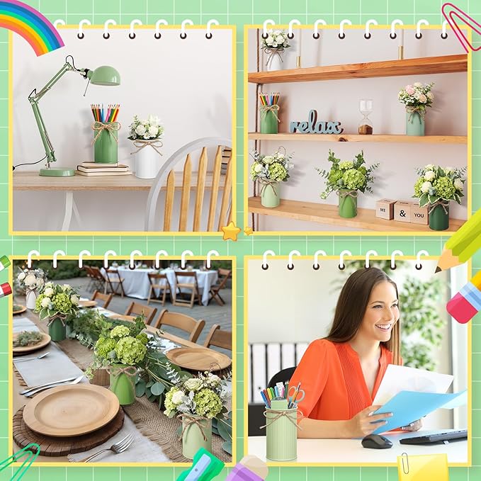 Domensi 6 Pcs Sage Green Pen Holder Cup for Desk Pencil Holder Marker Pen Metal Organizer Wedding Table Centerpiece Small Galvanized Metal Tin Vases for Artificial Flowers Office Stationery Storage